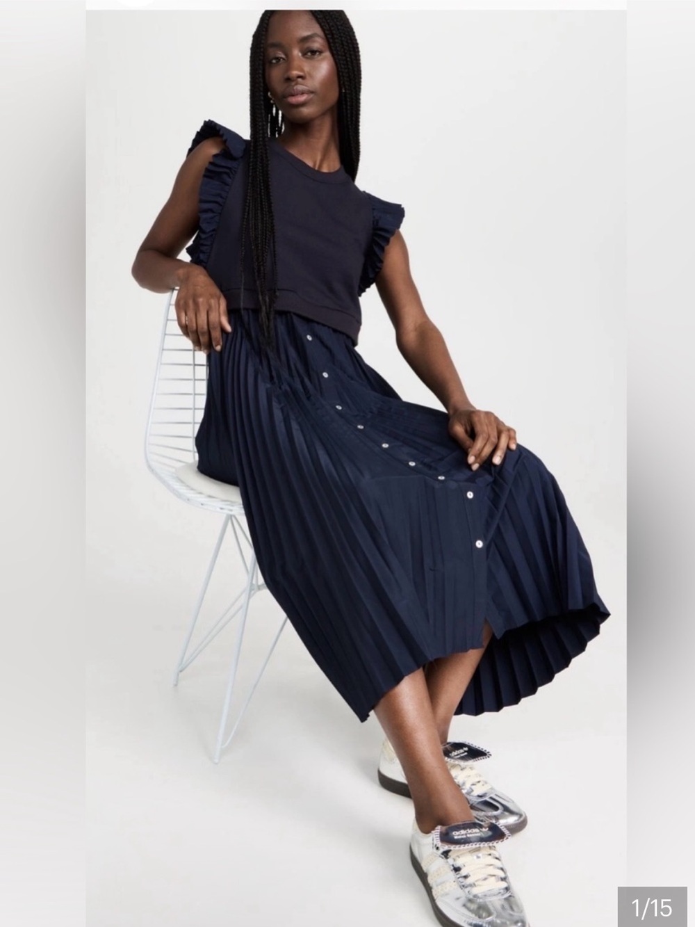 cinq a sept Navy Pleated Button-Front Midi Skirt Dress Zaha